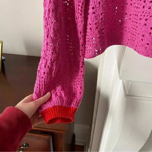 FREE PEOPLE ‘Home Run’ Pink and Red Crochet Sweater with Balloon Sleeves - Picture 3 of 6